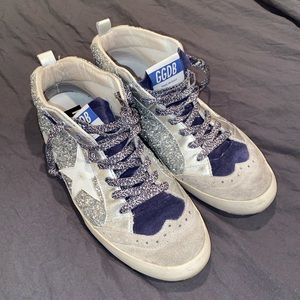 Silver and blue sparkle golden goose sneakers
